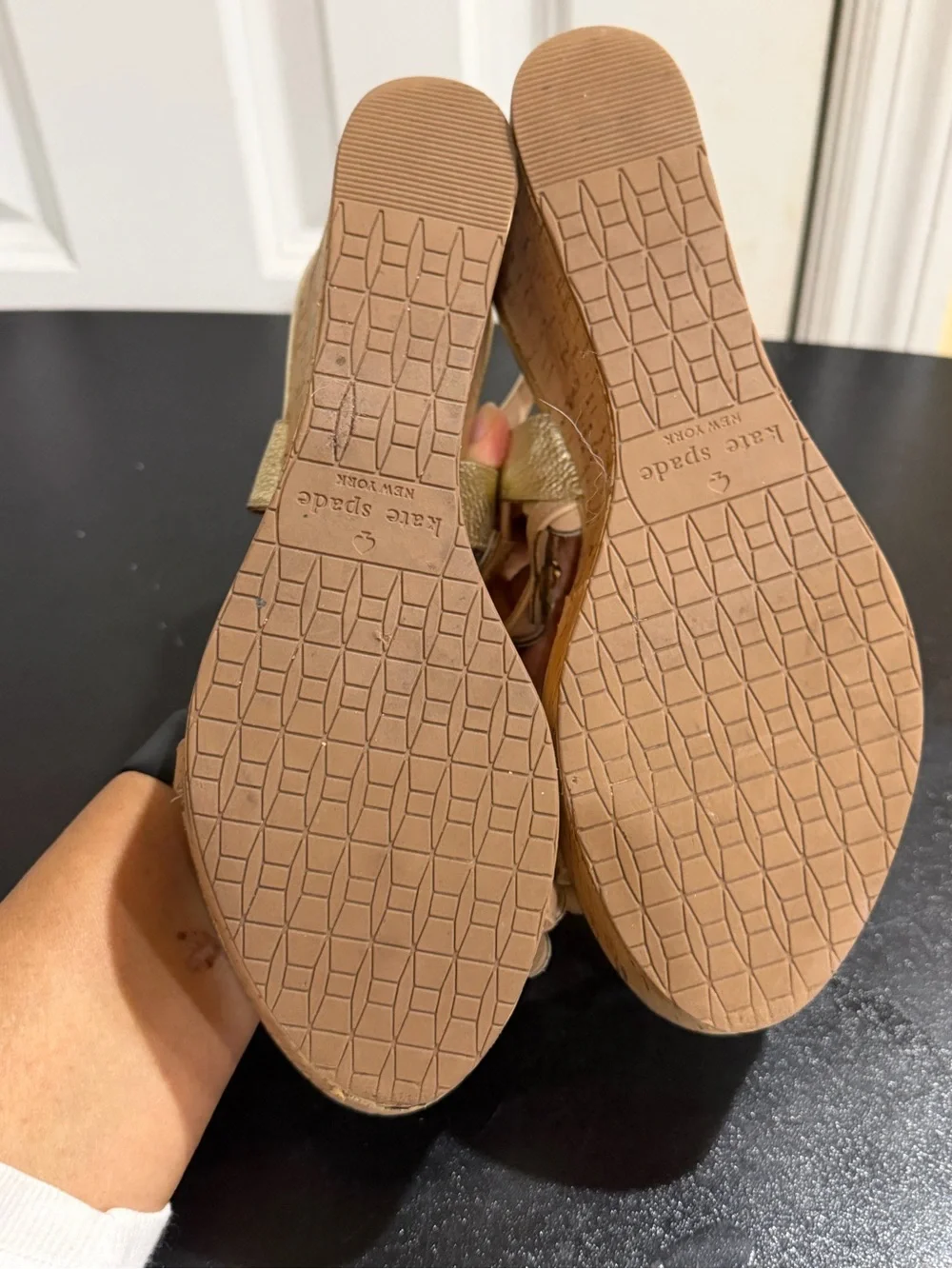 kate spade Gold Floral Leather Wedge Sandals